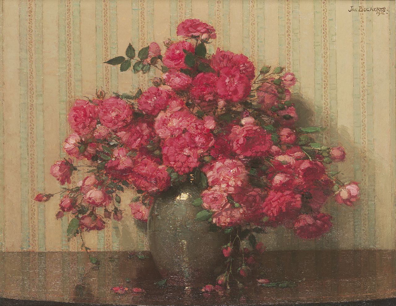 Bogaerts J.J.M.  | Johannes Jacobus Maria 'Jan' Bogaerts, Pink roses in a vase, oil on canvas 40.5 x 50.4 cm, signed u.r. and dated 1912