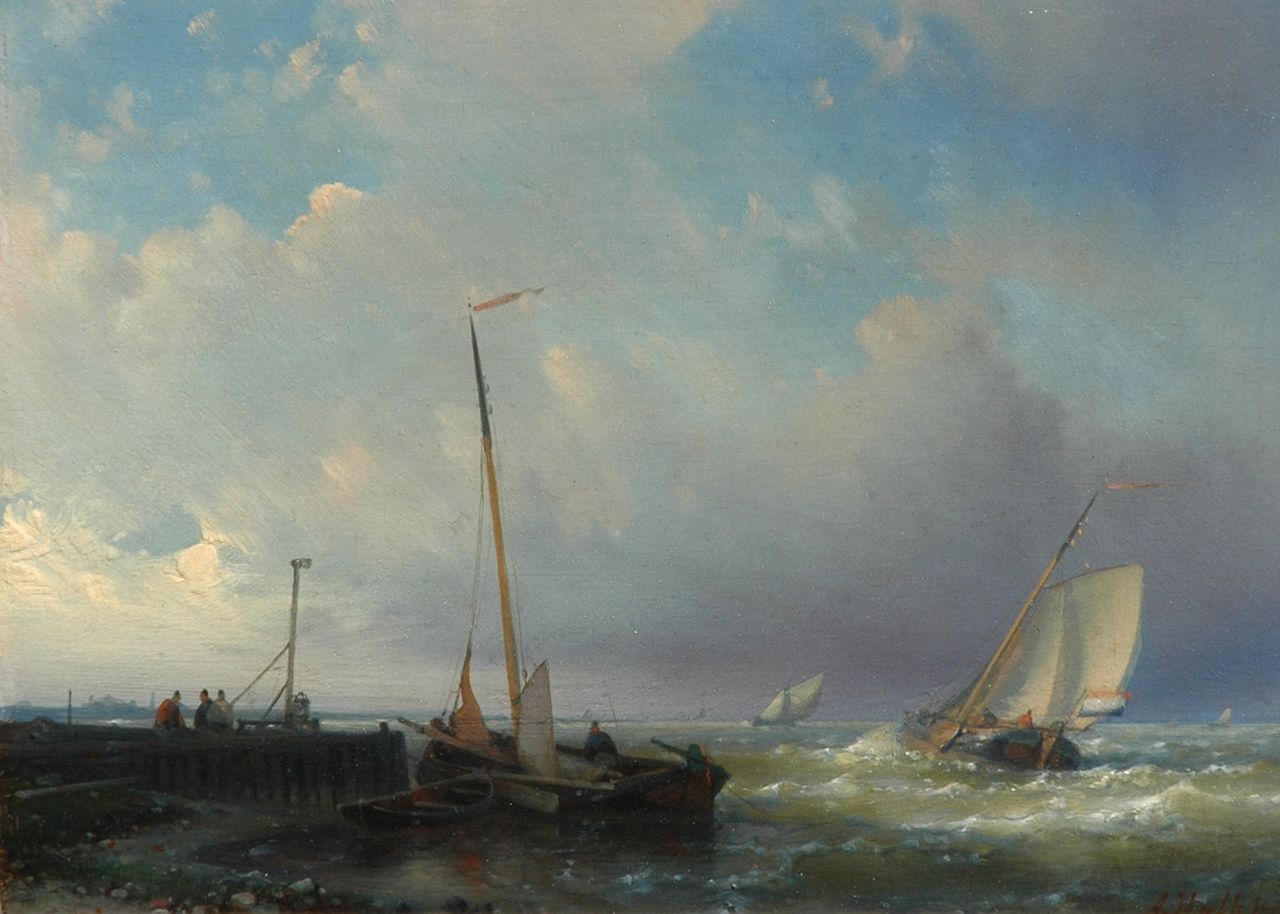 Hulk A.  | Abraham Hulk, Dutch fishing boats near a pier, oil on panel 18.1 x 24.6 cm, signed l.r.