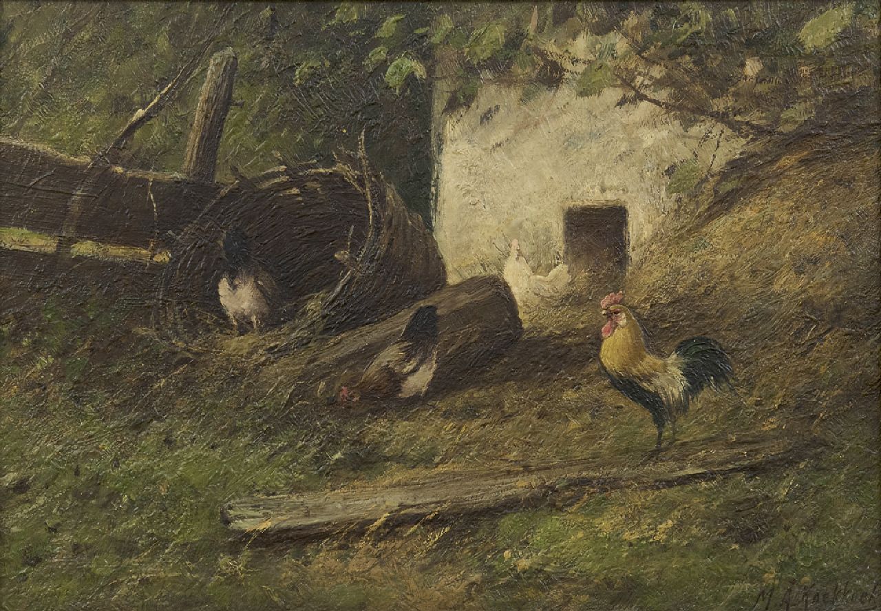 Marinus Adrianus Koekkoek II | Rooster and three chickens in the farmyard, oil on canvas, 24.4 x 34.5 cm, signed l.r.
