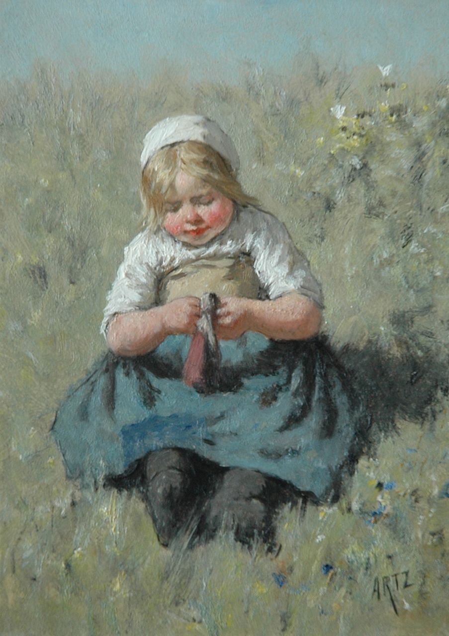 Artz D.A.C.  | David Adolphe Constant Artz, A girl playing with a doll, oil on panel 22.6 x 16.3 cm, signed l.r.