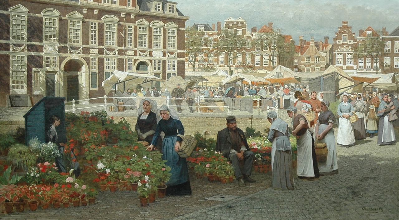 Klinkenberg J.C.K.  | Johannes Christiaan Karel Klinkenberg, A view of the Grote Markt in The Hague with two women in 'Zuid-Holland' costume, oil on canvas 82.1 x 144.0 cm, signed l.r.