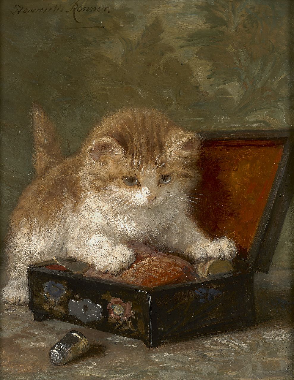 Ronner-Knip H.  | Henriette Ronner-Knip, The sewing box, oil on panel 24.0 x 18.9 cm, signed u.l.