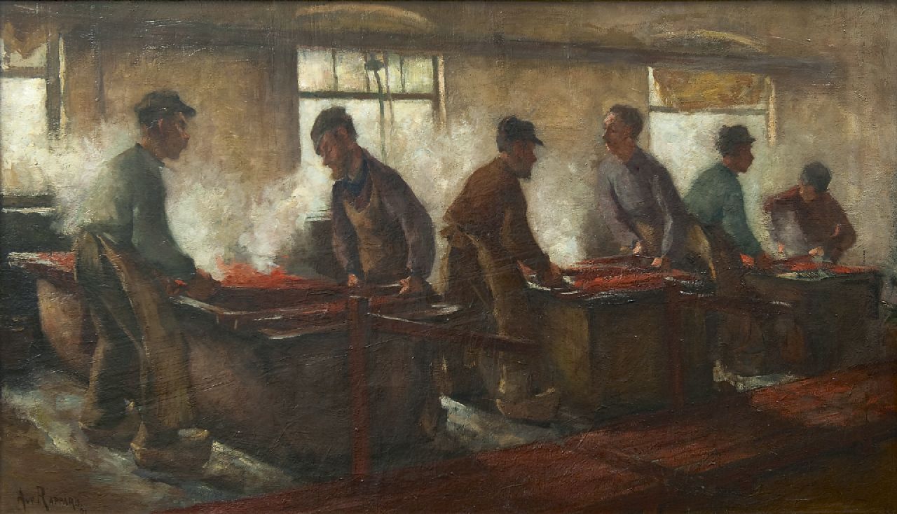 Rappard A.G.A. van | 'Anthon' Gerhard Alexander van Rappard, Workmen at a textile dye bath, oil on canvas 69.6 x 119.6 cm, signed l.l. and dated '91