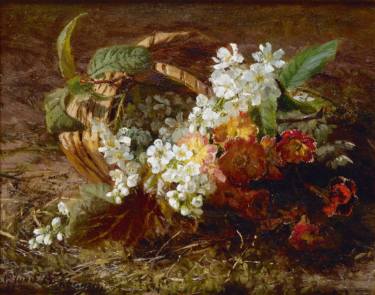 Sande Bakhuyzen G.J. van de | 'Gerardine' Jacoba van de Sande Bakhuyzen | Paintings offered for sale | Still life with cherry blossoms and primula, oil on panel 20.8 x 26.1 cm, signed l.l.