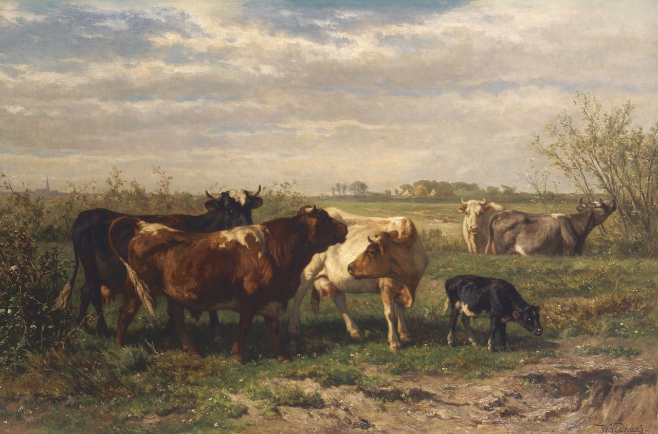 Haas J.H.L. de | Johannes Hubertus Leonardus de Haas, Cattle in a meadow, oil on canvas 80.2 x 125.5 cm, signed l.r.