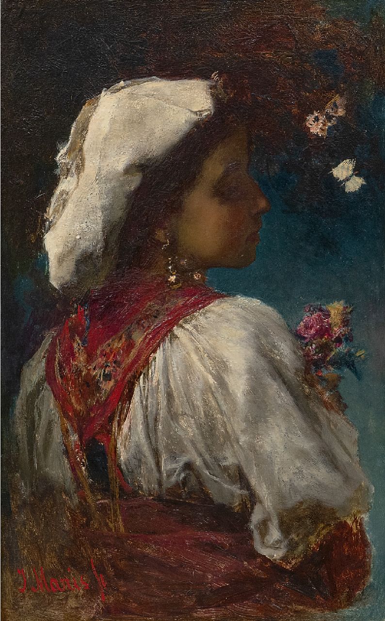 Maris J.H.  | Jacobus Hendricus 'Jacob' Maris, Italienne with flowers and butterflies, oil on panel 33.0 x 20.9 cm, signed l.l. and painted circa 1866-1868