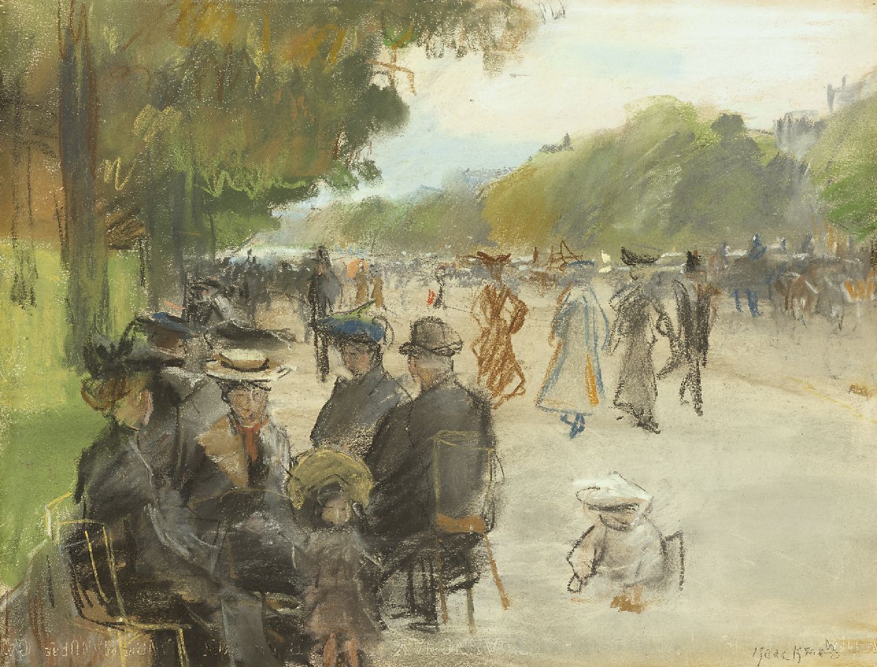 Israels I.L.  | 'Isaac' Lazarus Israels, Avenue du Bois de Boulogne, Paris, charcoal and pastel on paper 31.5 x 41.7 cm, signed l.r. and painted circa 1904