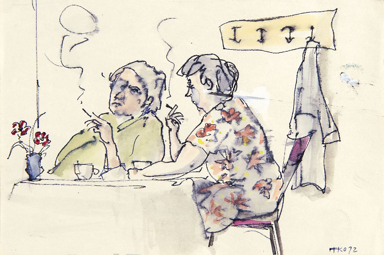 Kamerlingh Onnes H.H.  | 'Harm' Henrick Kamerlingh Onnes, Drinking coffee with a sigaret, pen, ink and watercolour on paper 11.5 x 16.8 cm, signed l.r. with monogram and painted '72