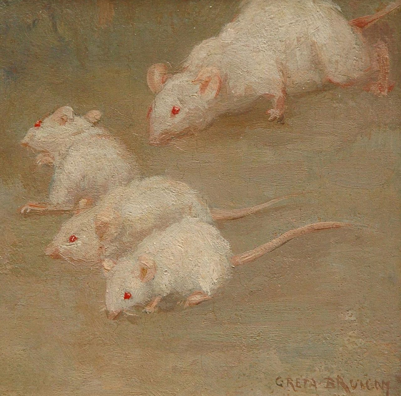 Bruigom M.C.  | Margaretha Cornelia 'Greta' Bruigom, Little white mice, oil on panel 13.1 x 12.9 cm, signed l.r.