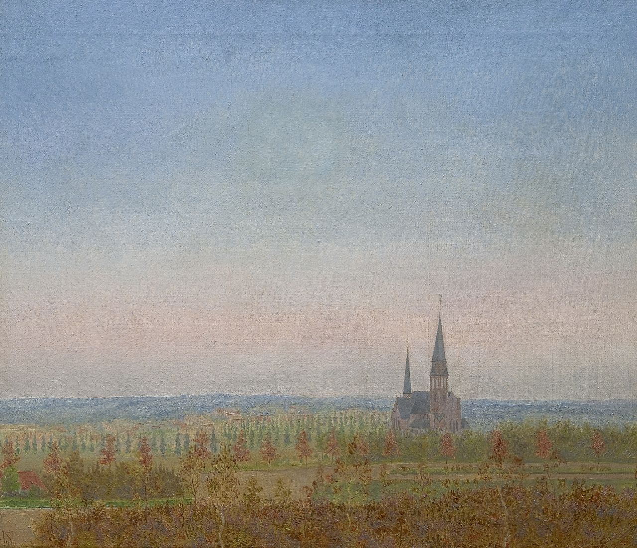 Nieweg J.  | Jakob Nieweg, A view of Amersfoort with the St. Ansfridus church, oil on canvas 60.5 x 70.8 cm, signed l.l. with monogram and painted 1920