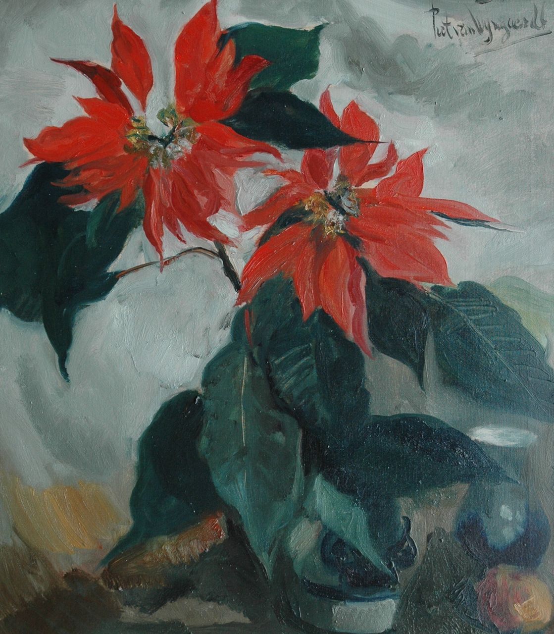 Wijngaerdt P.T. van | Petrus Theodorus 'Piet' van Wijngaerdt, Christmas flowers and rennet apples, oil on canvas 80.1 x 70.6 cm, signed u.r.
