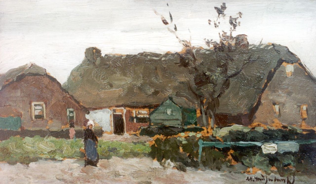 Weissenbruch H.J.  | Hendrik Johannes 'J.H.' Weissenbruch, A peasant woman on a yard, oil on panel 13.6 x 23.0 cm, signed l.r.