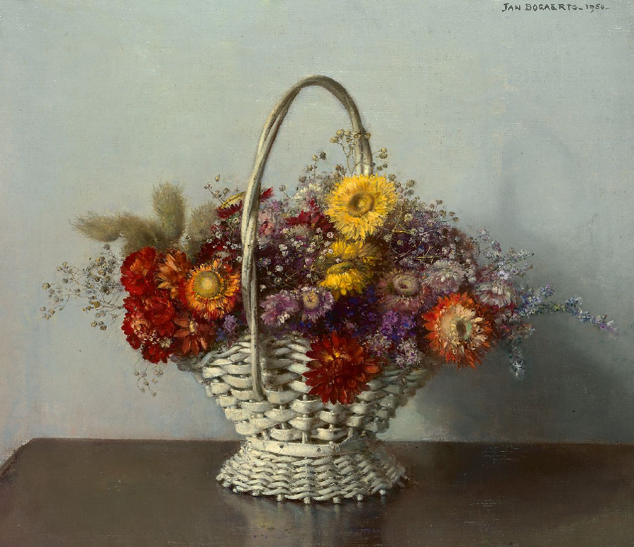 Bogaerts J.J.M.  | Johannes Jacobus Maria 'Jan' Bogaerts | Paintings offered for sale | Bouquet of dried flowers in a basket, oil on canvas 35.0 x 40.0 cm, signed l.r. and dated 1950