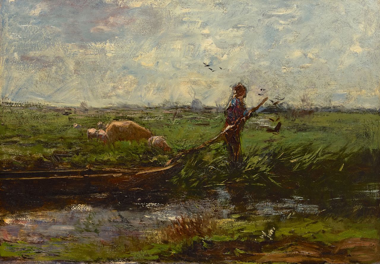 Maris W.  | Willem Maris | Paintings offered for sale | A polder landscape with farmer and barge, oil on canvas 66.3 x 94.5 cm, painted ca. 1906