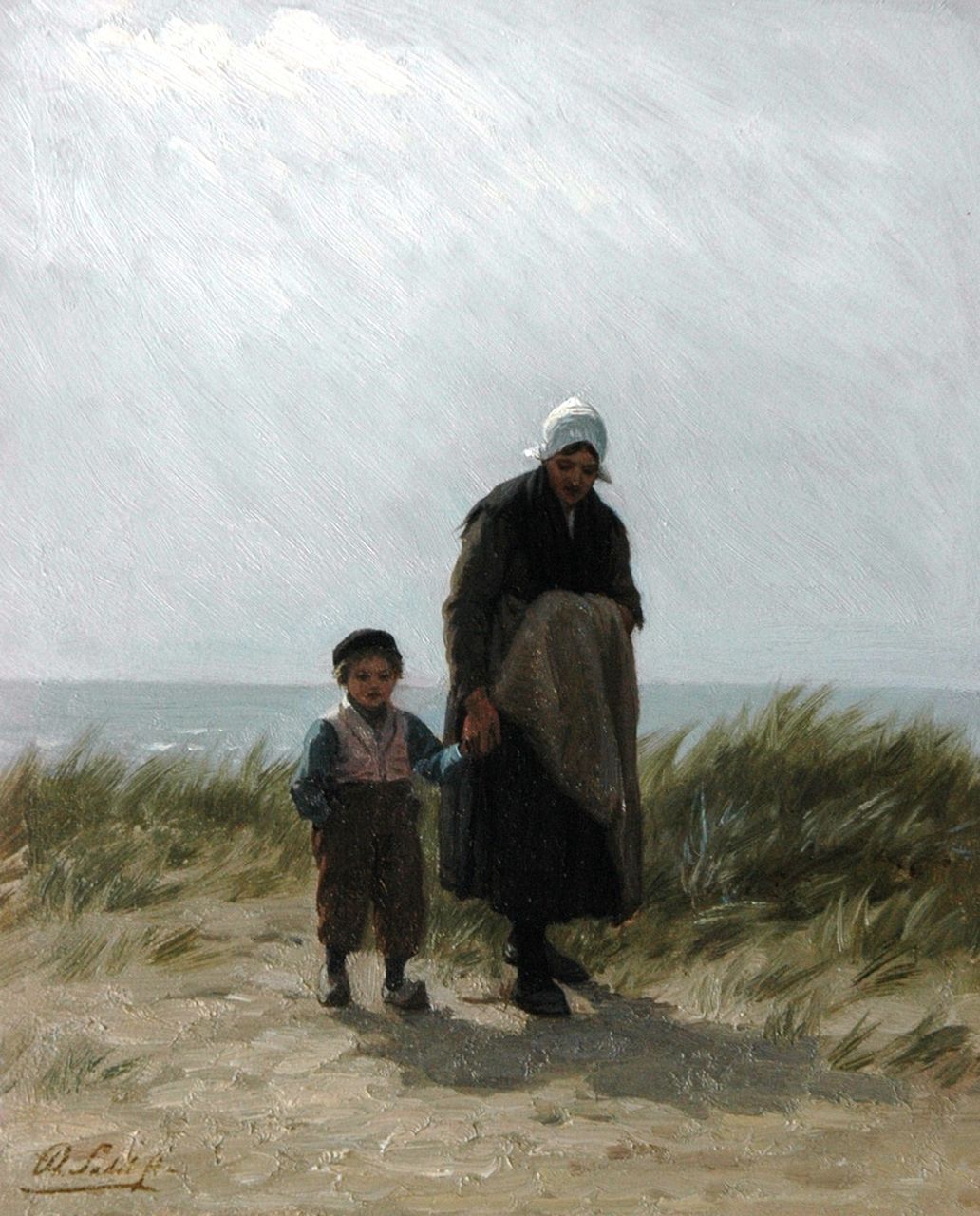 Sadée P.L.J.F.  | Philip Lodewijk Jacob Frederik Sadée, Mother with child in the dunes, Scheveningen, oil on panel 26.1 x 20.9 cm, signed l.l.