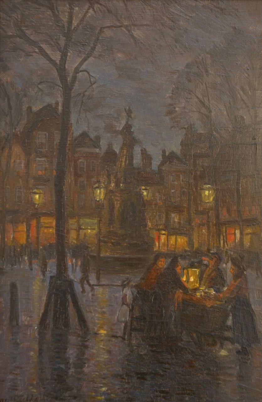 Richters M.J.  | 'Marius' Johannes Richters, The Nieuwe Markt in Rotterdam, by night, oil on panel 32.5 x 21.4 cm, signed l.l. and painted between 1910-1915