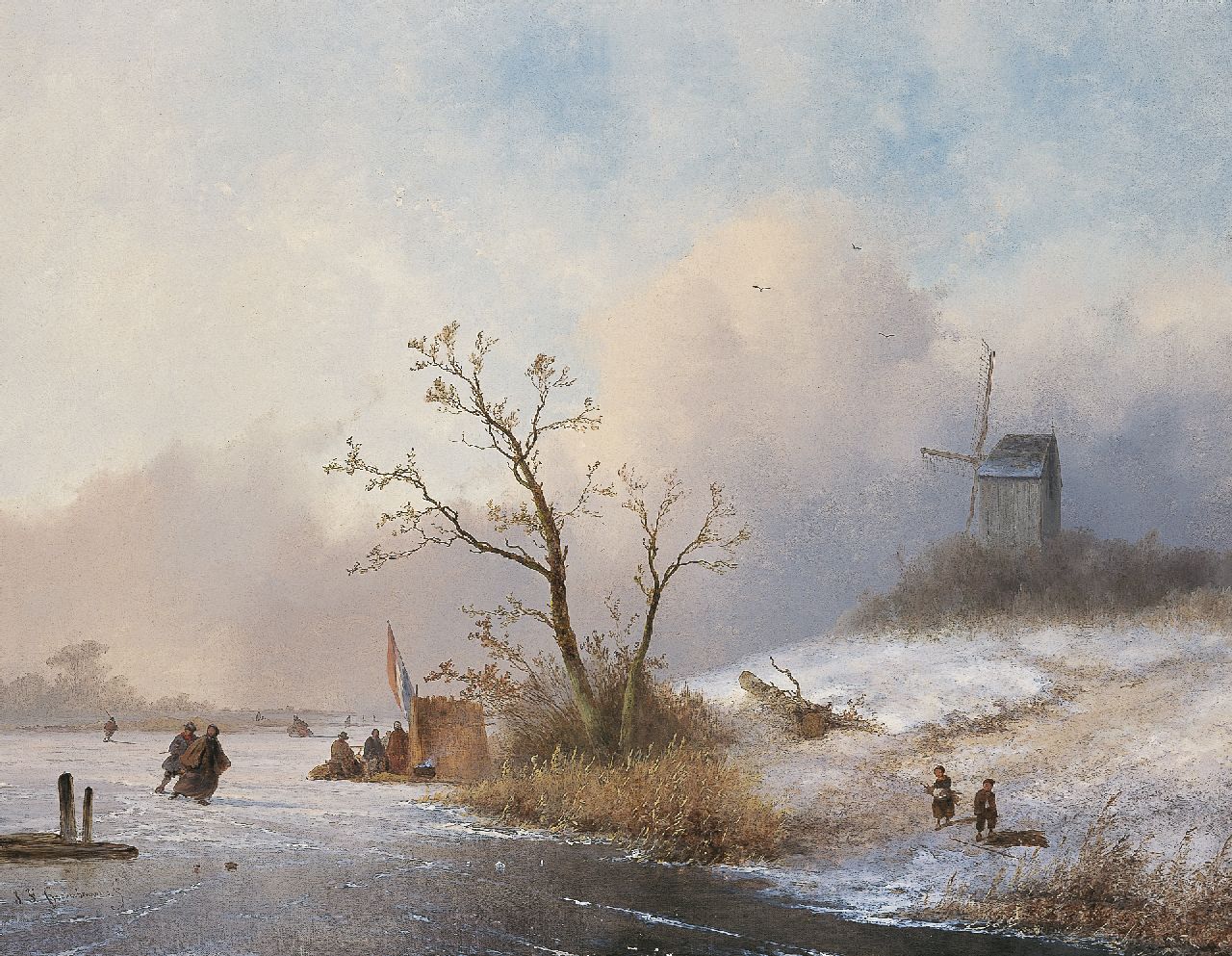 Hoppenbrouwers J.F.  | Johannes Franciscus Hoppenbrouwers, A winter landscape with skaters and a 'koek-en-zopie', oil on canvas 54.0 x 70.0 cm, signed l.l.