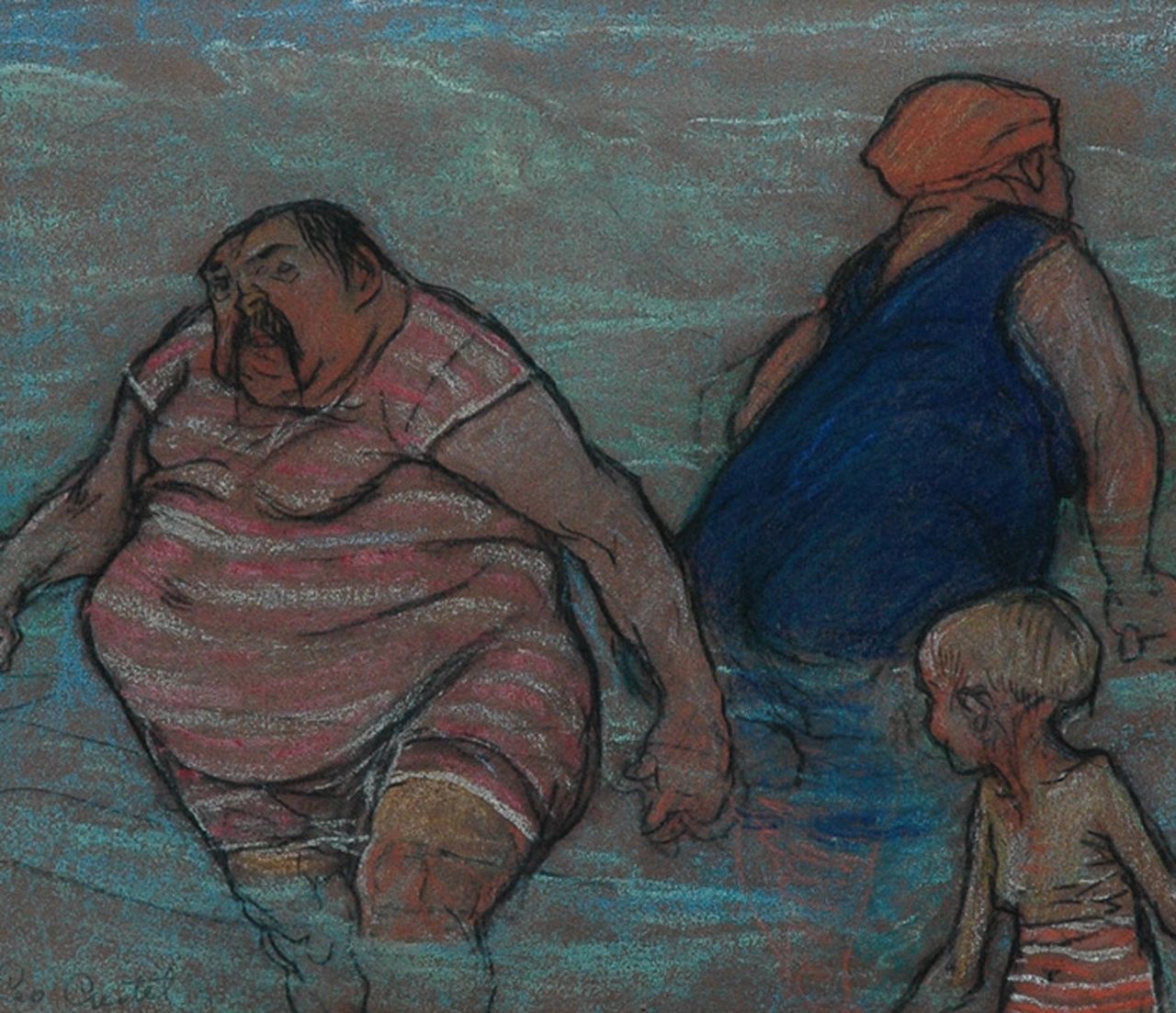 Gestel L.  | Leendert 'Leo' Gestel, Family taking a bath, charcoal and pastel on paper 20.9 x 24.2 cm, signed l.l.