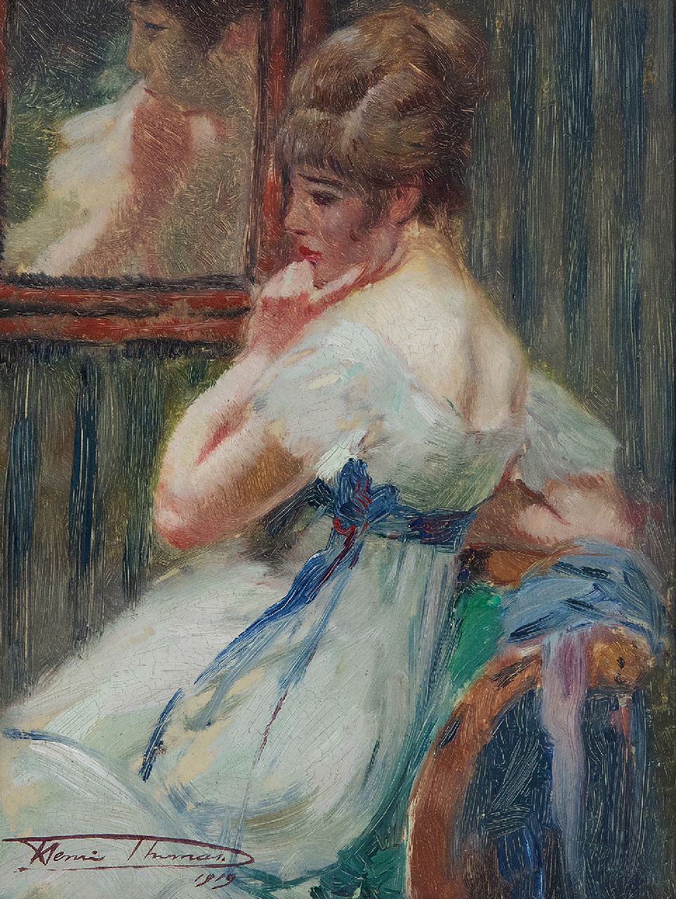 Thomas H.J.  | Henri Joseph Thomas | Paintings offered for sale | In a pensive mood, oil on panel 22.7 x 17.2 cm, signed l.l. and painted 1919