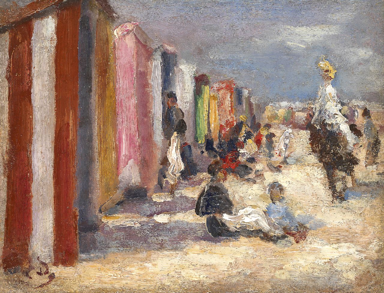 Dufour L.  | Léon Dufour, Beach scene, oil on panel 13.8 x 18.0 cm, signed l.l. with monogram