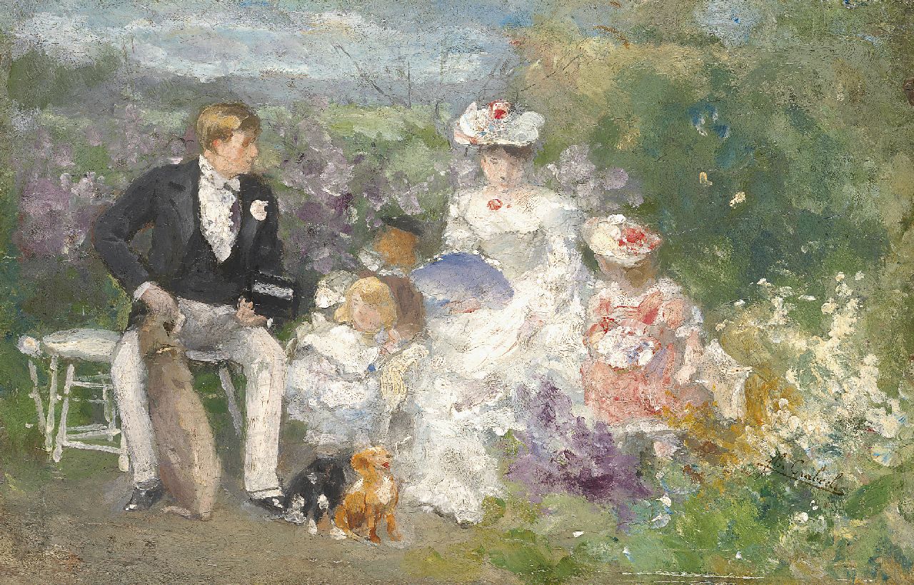 Crabeels F.N.  | 'Florent' Nicolas Crabeels, Conversation in the Parc d'Anvers, oil on panel 14.3 x 21.2 cm, signed l.r.