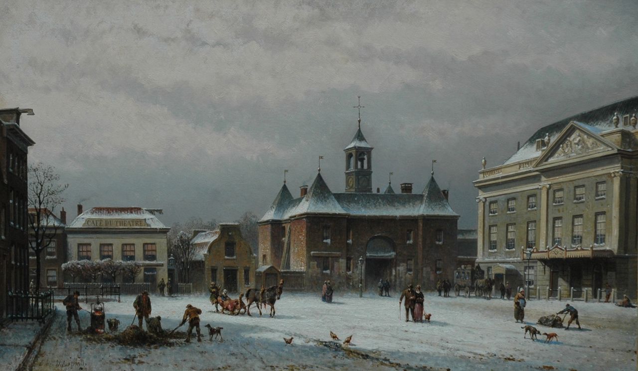 Hilverdink E.A.  | Eduard Alexander Hilverdink, The Leidseplein in Amsterdam with the Leidsepoort and the old city theatre, oil on canvas 45.6 x 77.1 cm, signed l.l and executed ca. 1860