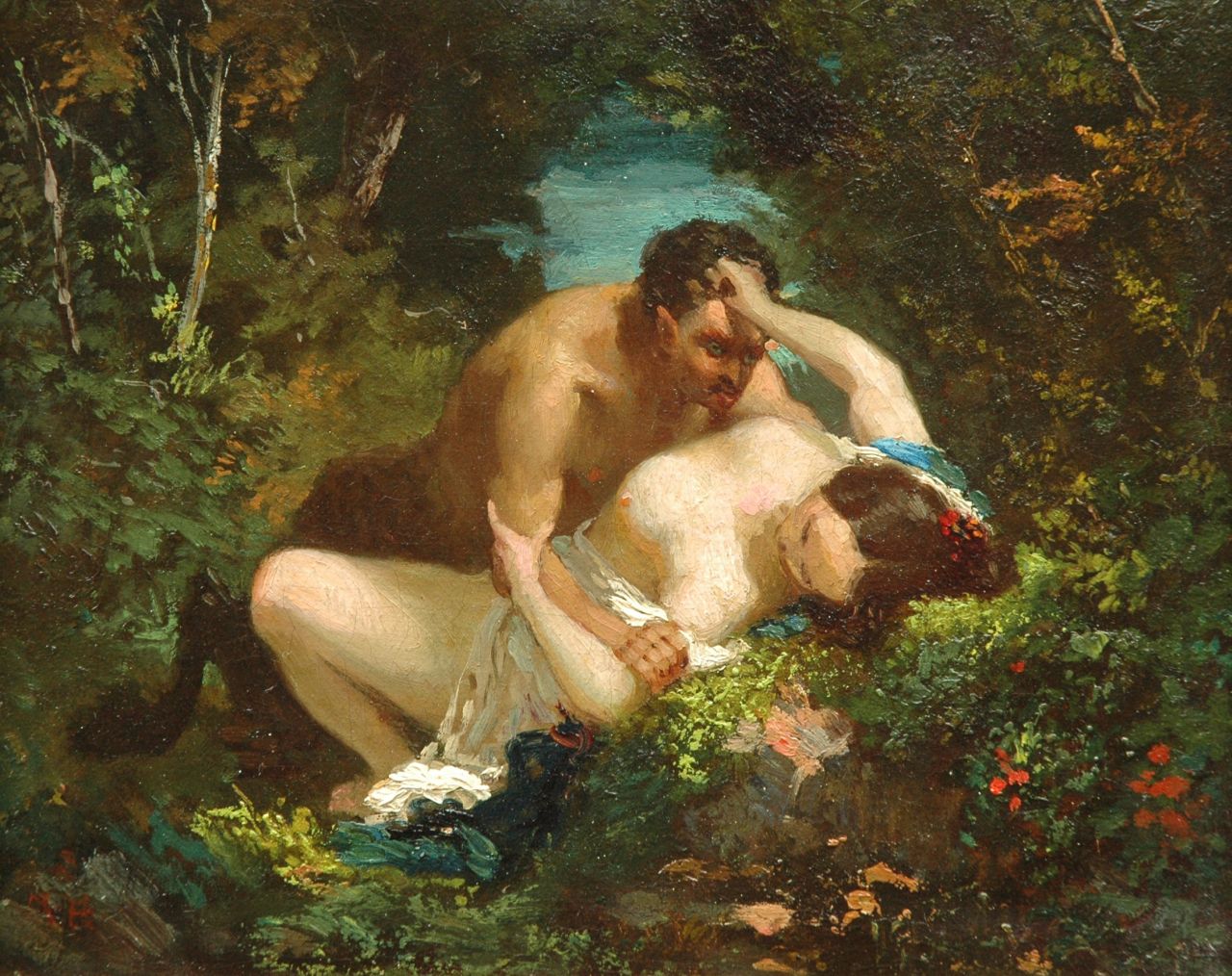 Franse School, 19e eeuw   | Franse School, 19e eeuw, Nymph and faun, oil on canvas 20.0 x 24.6 cm, signed l.l. with monogram