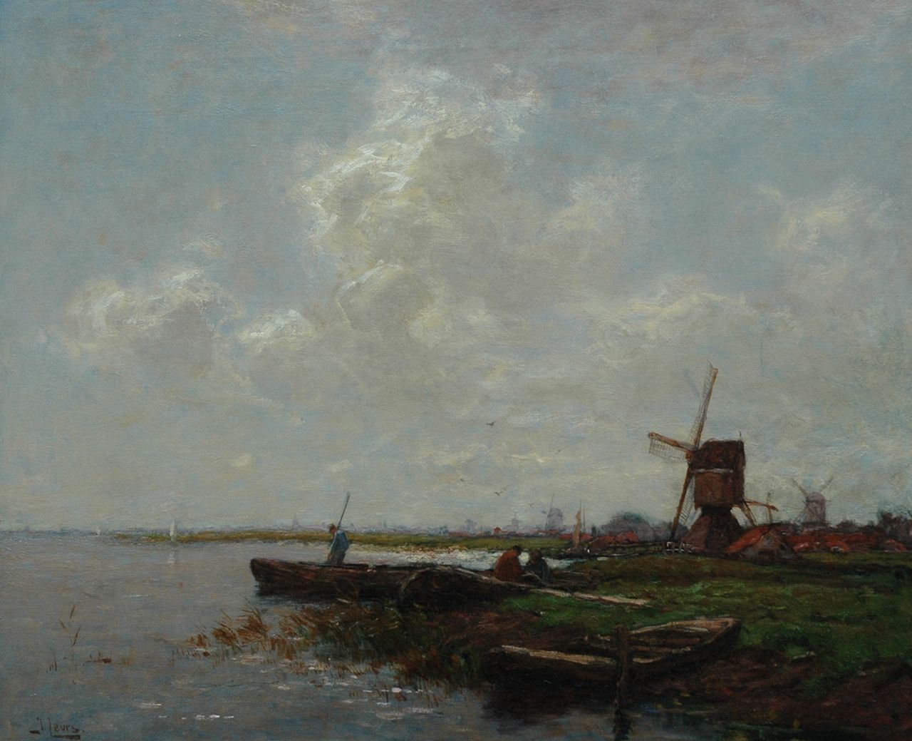 Leurs J.K.   | Johannes Karel Leurs, Polder landscape with boats and a windmill, oil on canvas 65.6 x 80.4 cm, signed l.l.