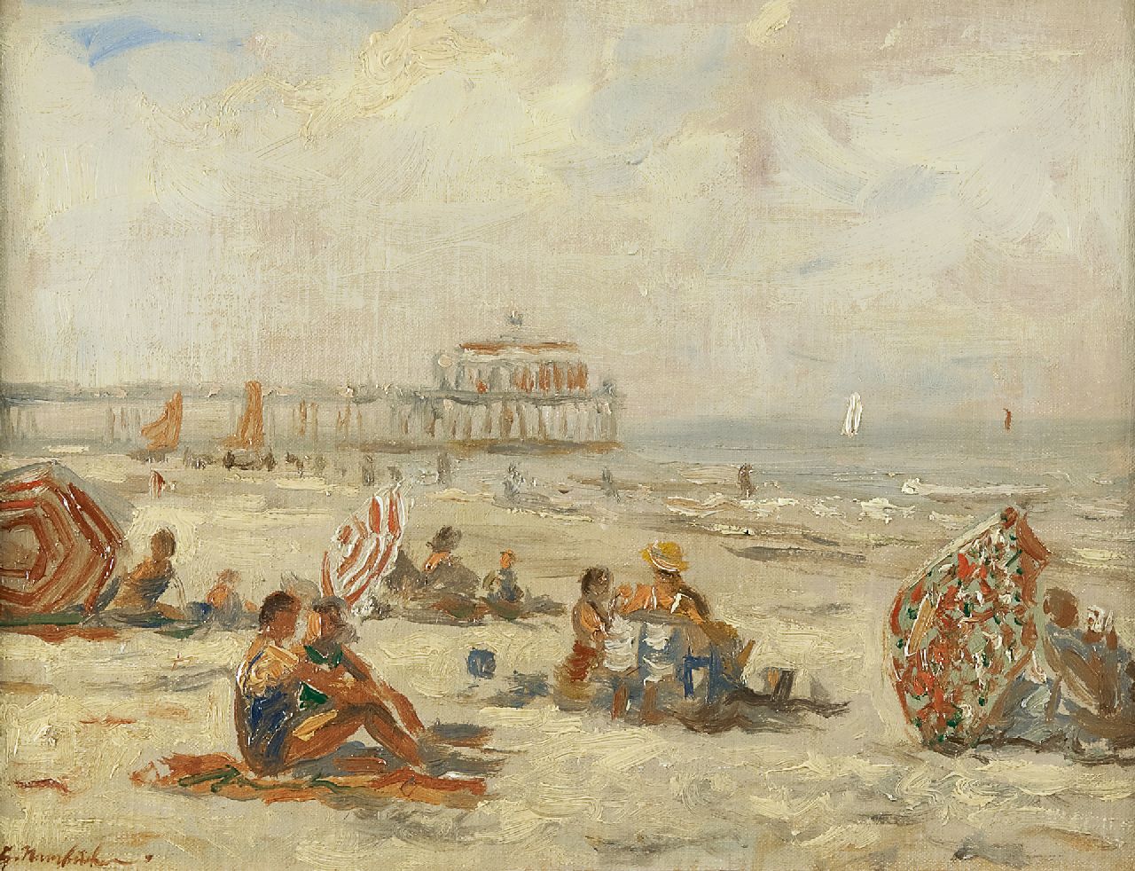 Hambüchen G.  | Georg Hambüchen, Summer on the beach in Scheveningen, oil on canvas laid down on panel 30.0 x 39.0 cm, signed l.l.