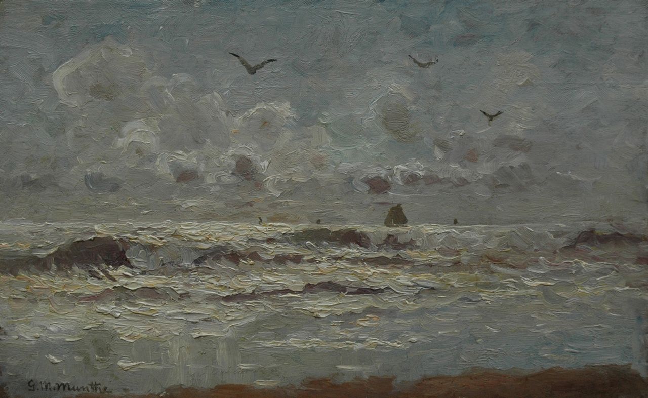 Munthe G.A.L.  | Gerhard Arij Ludwig 'Morgenstjerne' Munthe, Sunset at sea, oil on canvas laid down on panel 26.8 x 42.1 cm, signed l.l. and l.r.