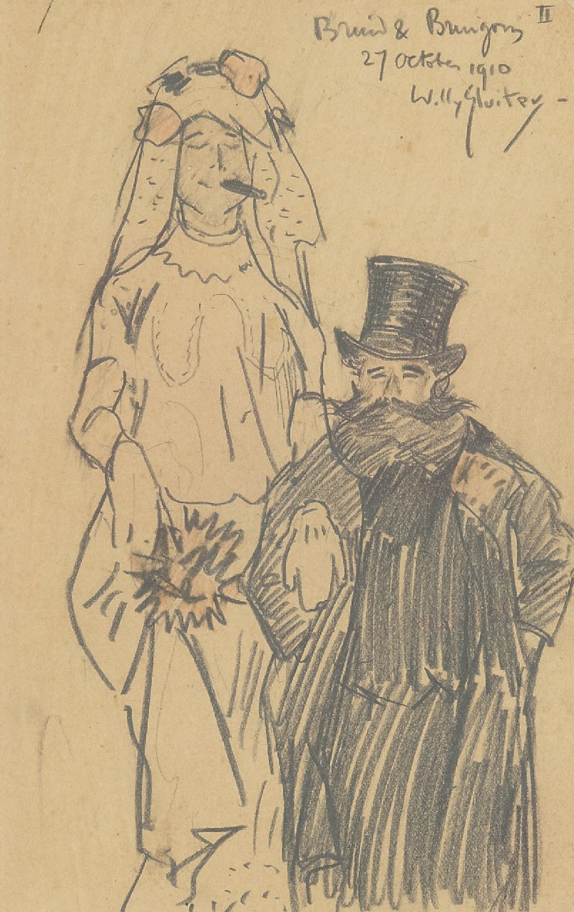 Sluiter J.W.  | Jan Willem 'Willy' Sluiter | Watercolours and drawings offered for sale | Bride and groom, pencil on paper 19.5 x 12.5 cm, signed u.r. and dated 27 october 1910