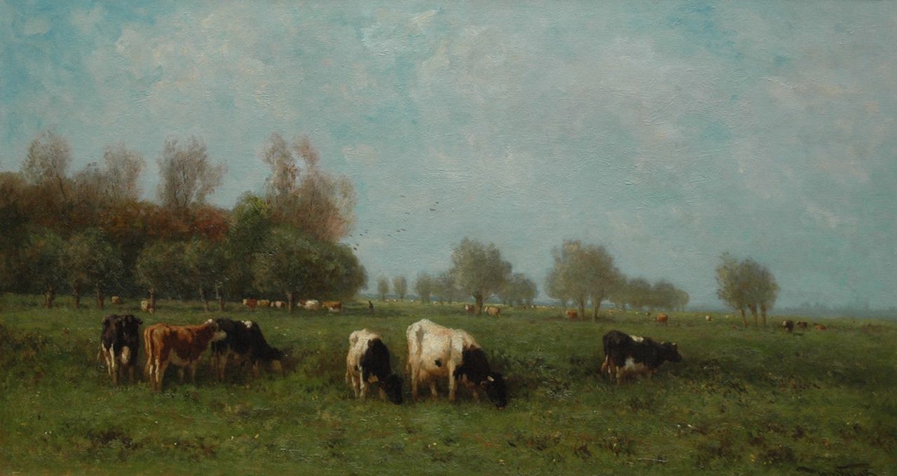 Vrolijk J.M.  | Johannes Martinus 'Jan' Vrolijk, Cows in a meadow, oil on canvas 54.3 x 100.2 cm, signed l.r.