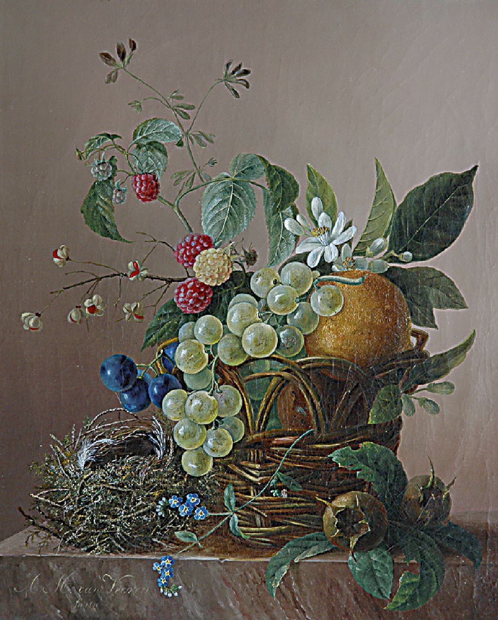 Veeren A.M. van | Anna Maria van Veeren, Stillife with fruit basket and a bird's nest, oil on canvas 37.7 x 31.2 cm, signed l.l. and dated 1840