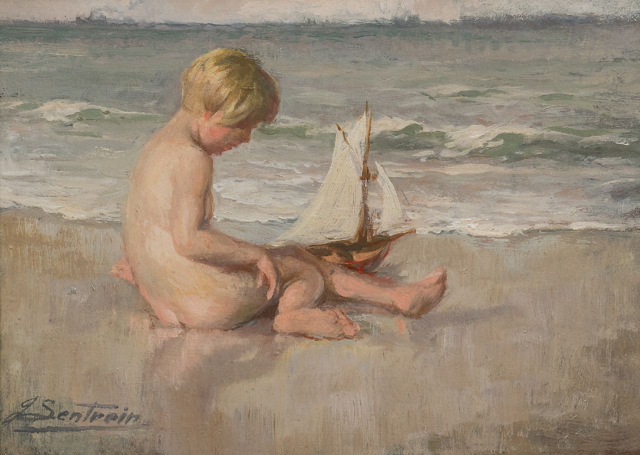 Lentrein J.  | Jules Lentrein | Paintings offered for sale | Girl playing on the beach, oil on panel 25.0 x 35.0 cm, signed l.l.