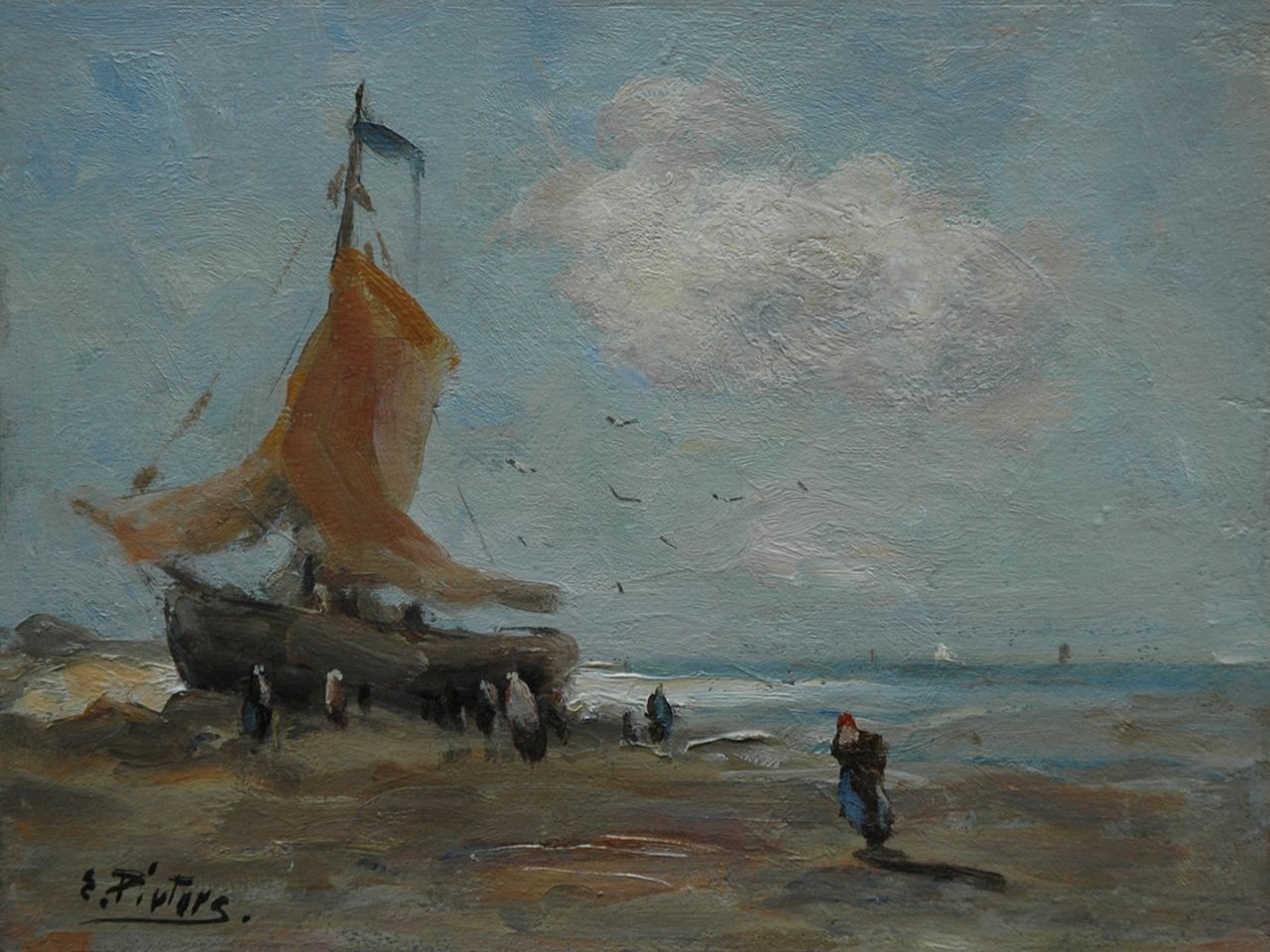 Pieters E.  | Evert Pieters, At lowtide, oil on painter's board 19.1 x 25.3 cm, signed l.l.