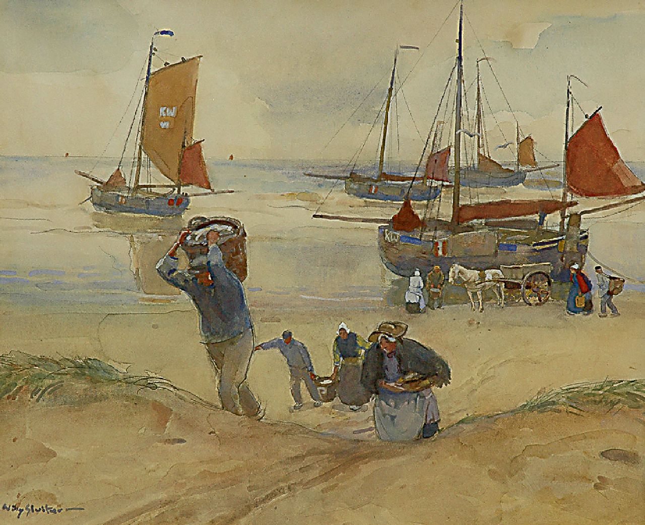 Sluiter J.W.  | Jan Willem 'Willy' Sluiter, After the fish auction on the beach of Katwijk, watercolour and gouache on paper 62.0 x 74.1 cm, signed l.l.