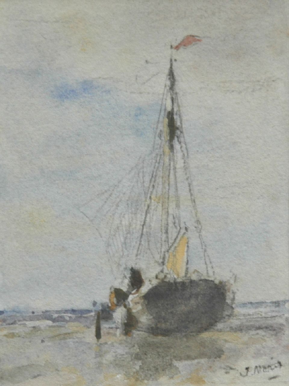 Maris J.H.  | Jacobus Hendricus 'Jacob' Maris, A menu with a watercolour of a barge on the beach, watercolour on paper 11.5 x 8.5 cm, signed l.r. and dated 4 mei 1895 reverse