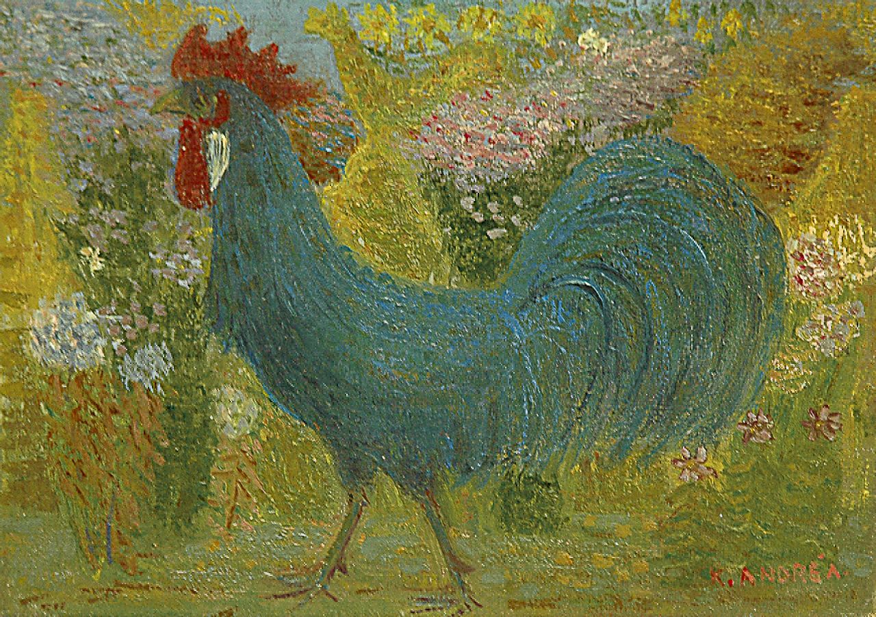 Andréa C.  | Cornelis 'Kees' Andréa, Blue rooster, oil on canvas 18.1 x 24.2 cm, signed l.r. and on the reverse and dated 1943 on the reverse