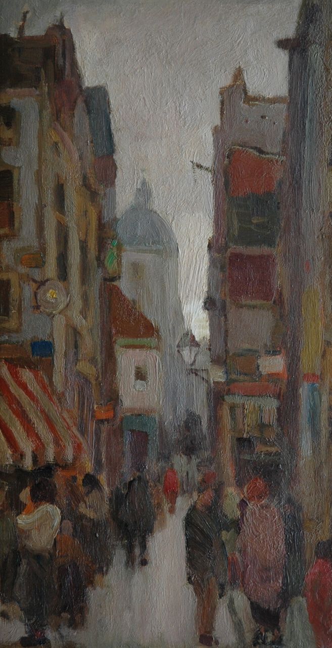 Kropff J.  | Johan 'Joop' Kropff, A busy street, oil on canvas laid down on panel 33.3 x 17.8 cm