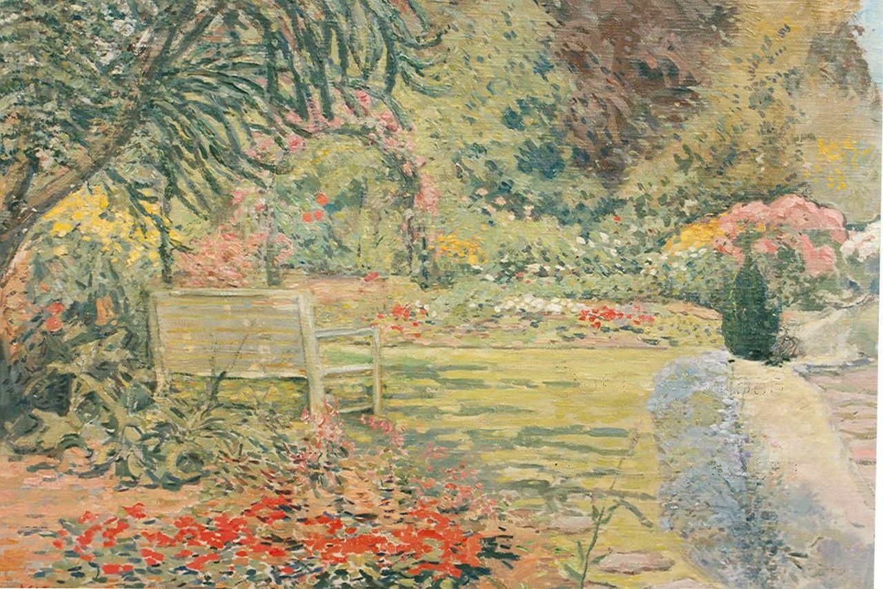 Wijnstroom A.C.  | Anthonij Christiaan Wijnstroom, A sunlit garden, oil on canvas laid down on panel 49.0 x 59.0 cm, signed l.l.