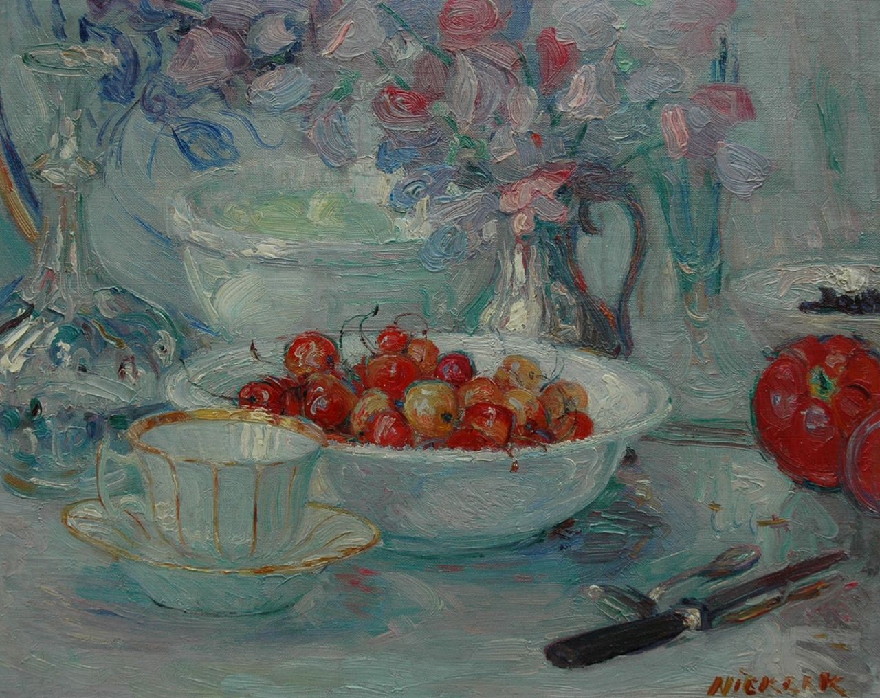 Niekerk M.J.  | 'Maurits' Joseph Niekerk, A still life with cherries, oil on canvas 35.1 x 43.4 cm, signed l.r.