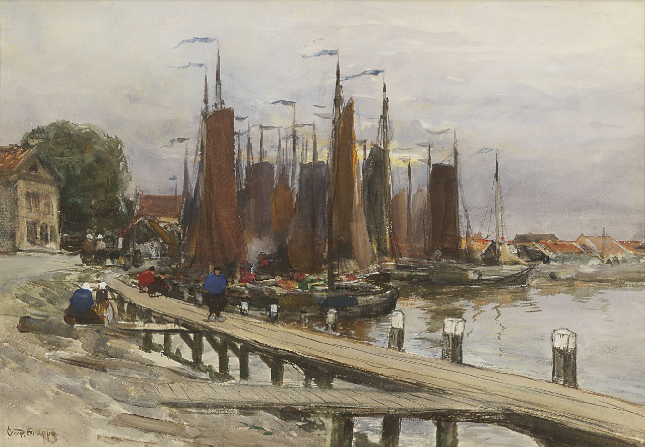 Gruppe C.P.  | Charles Paul Gruppe, The harbour of Volendam, watercolour and gouache on paper 34.3 x 49.9 cm, signed l.l.