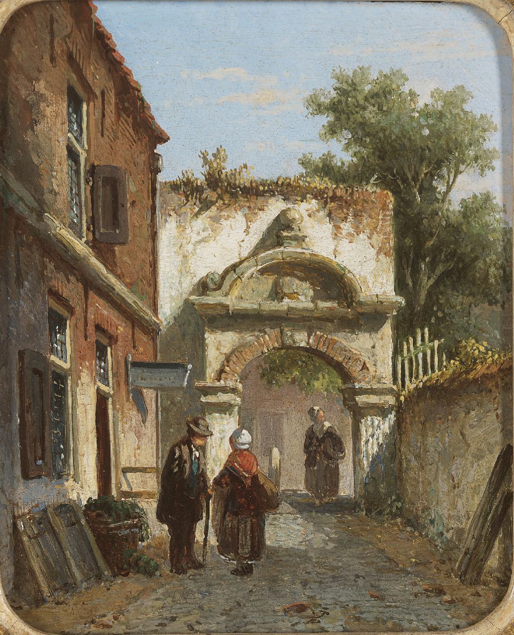 Eversen A.  | Adrianus Eversen, Figures near a town-gate, oil on panel 13.8 x 11.3 cm, signed l.r. with monogram
