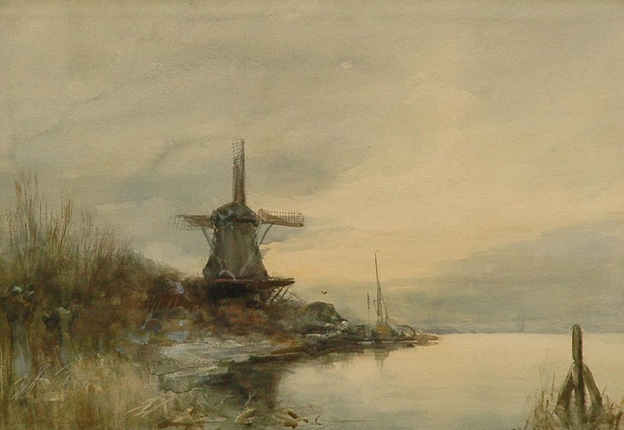 Apol L.F.H.  | Lodewijk Franciscus Hendrik 'Louis' Apol, A windmill by the water, watercolour on paper 24.6 x 34.7 cm, signed l.r.
