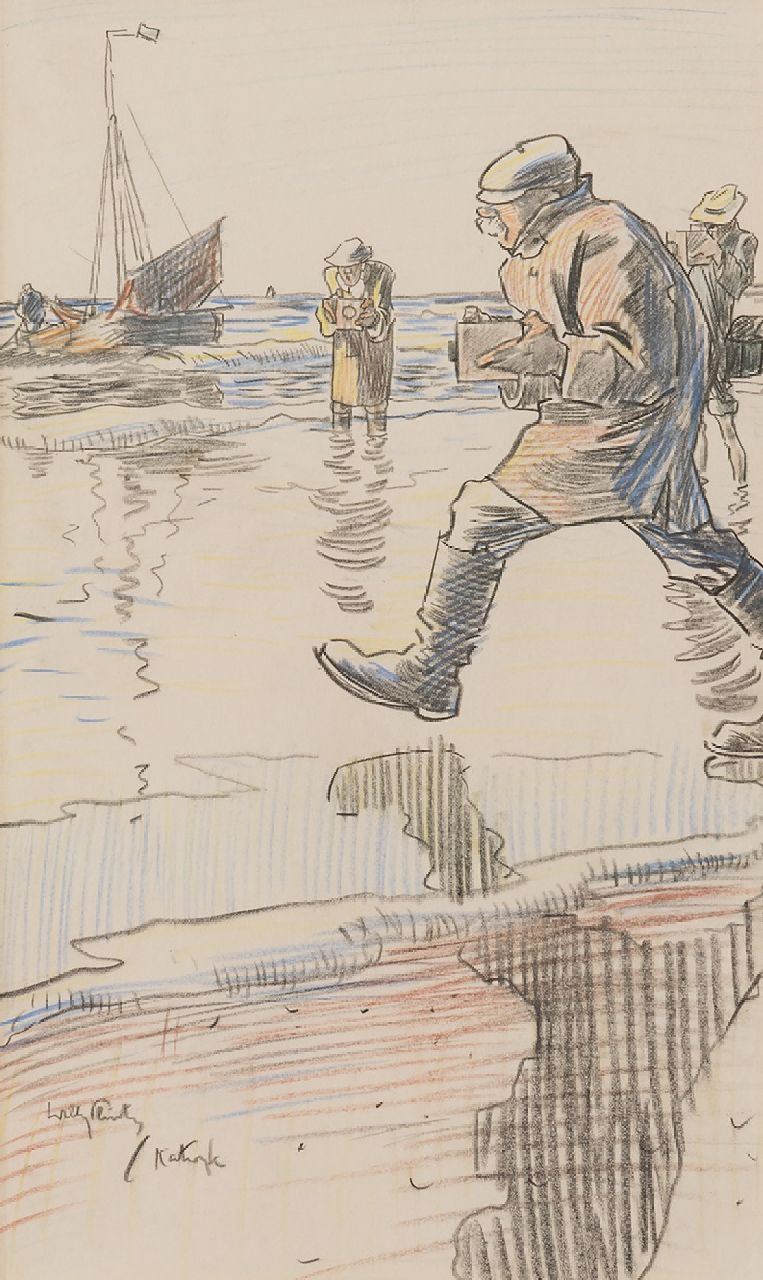 Sluiter J.W.  | Jan Willem 'Willy' Sluiter, Photographers on the beach of Katwijk, chalk on paper 32.7 x 19.7 cm, signed l.l.