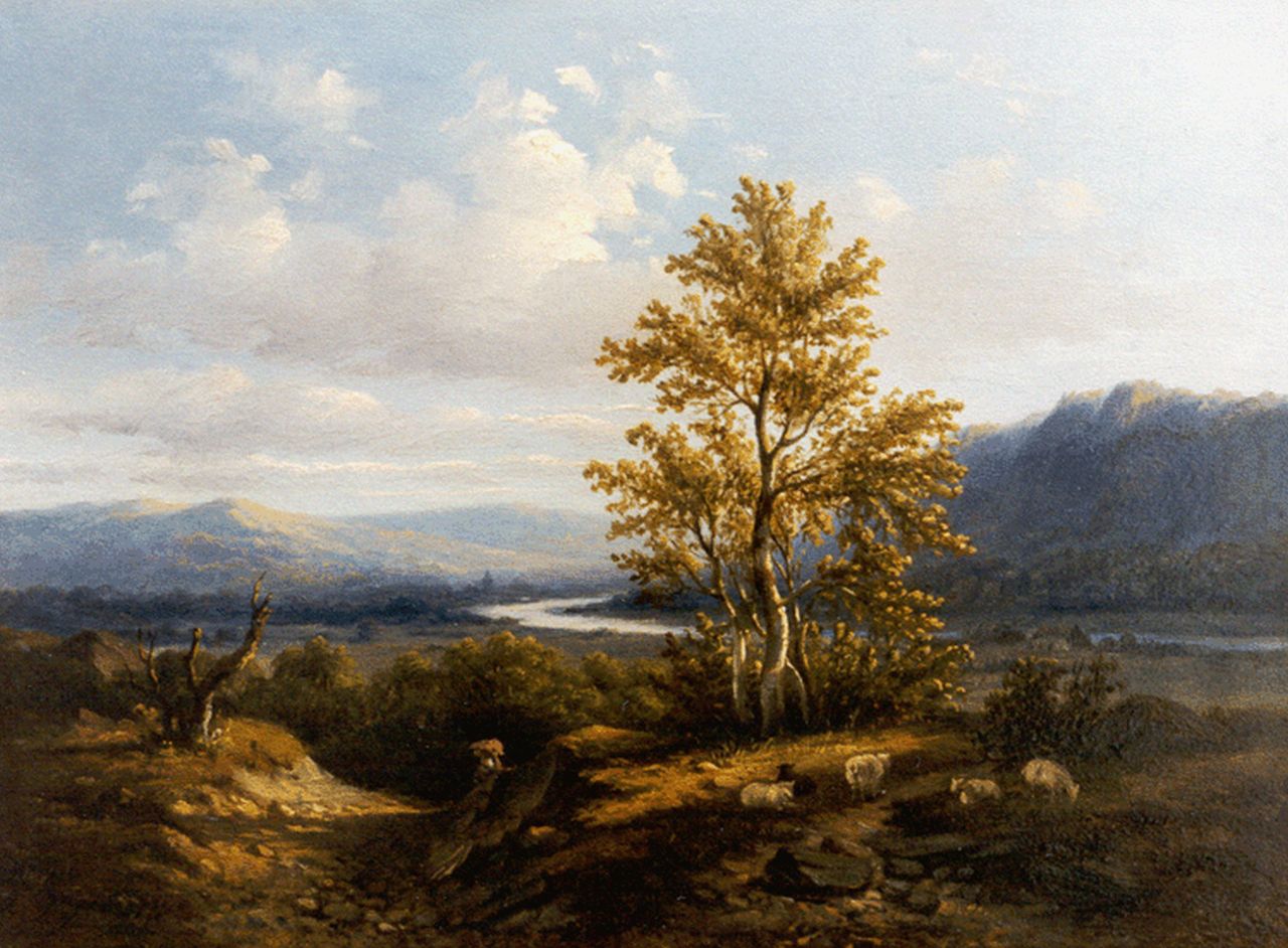 Wijngaerdt A.J. van | Anthonie Jacobus van Wijngaerdt, A Rhine landscape with grazing sheep, oil on panel 19.3 x 26.3 cm, signed l.l.