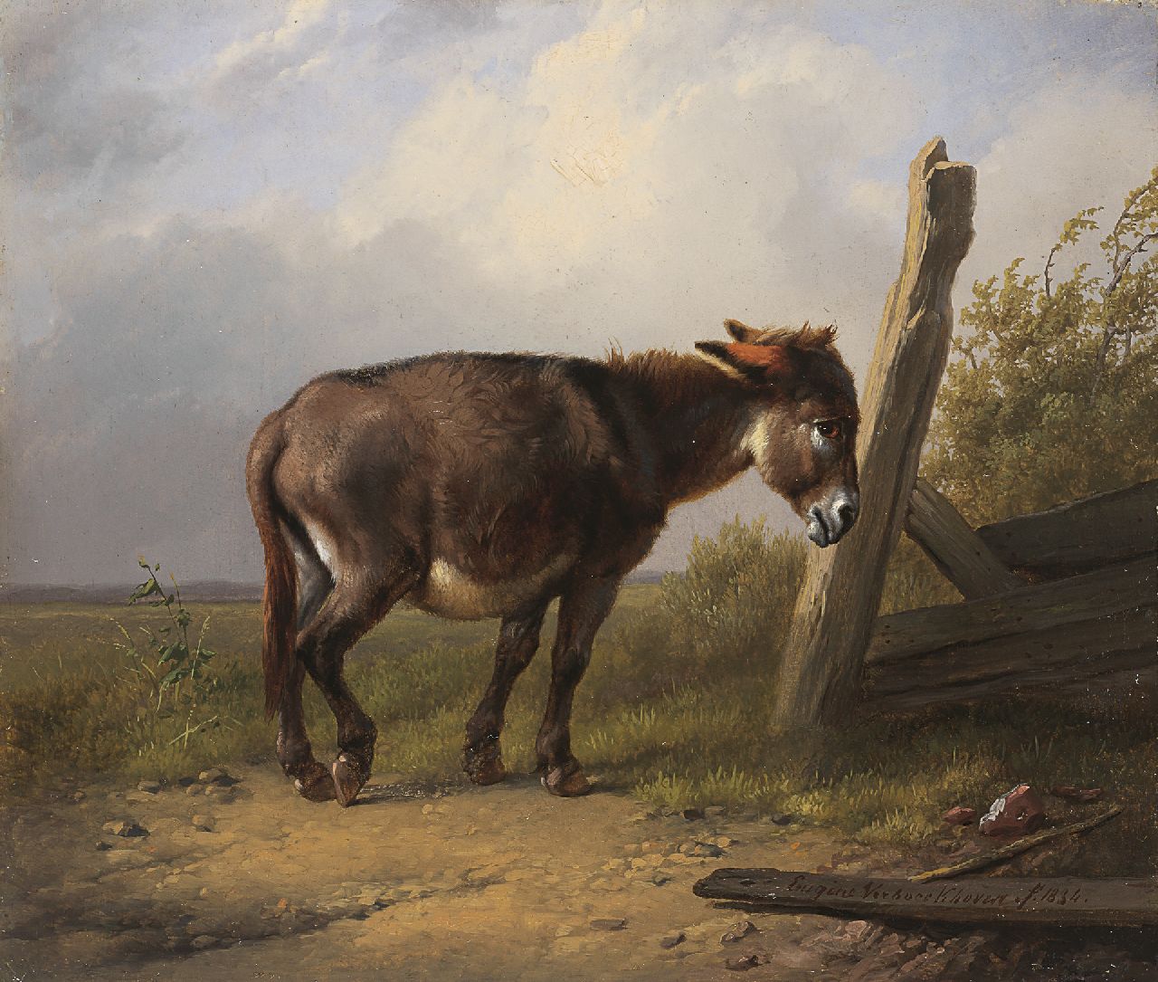 Verboeckhoven E.J.  | Eugène Joseph Verboeckhoven, A donkey at rest by a fence, oil on panel 14.1 x 16.6 cm, signed l.r. and painted 1838