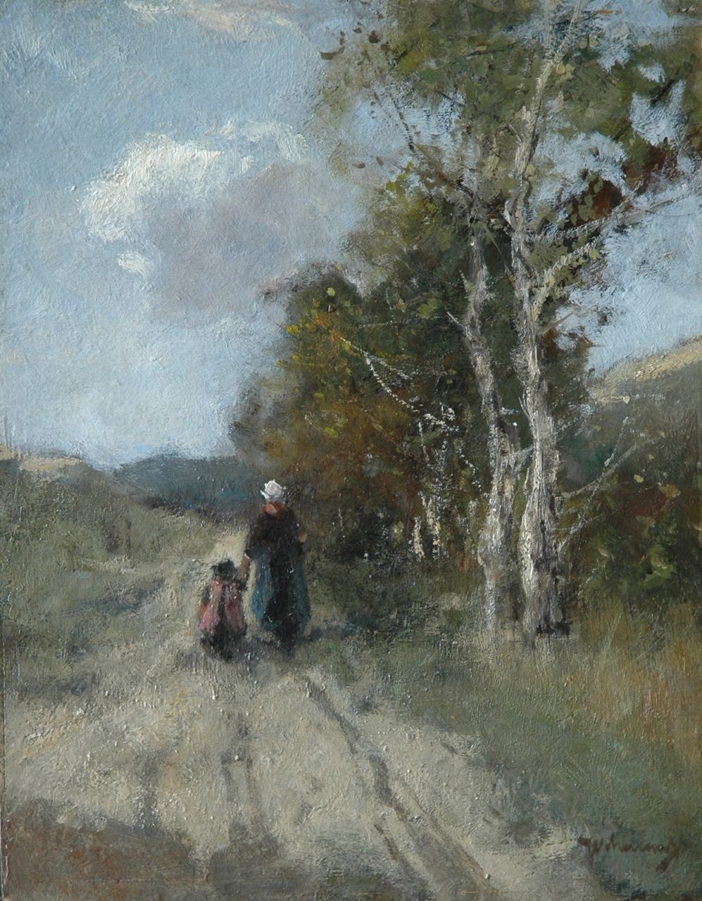 Scherrewitz J.F.C.  | Johan Frederik Cornelis Scherrewitz, Mother and child on a path in the dunes, oil on panel 35.0 x 27.3 cm, signed l.r.