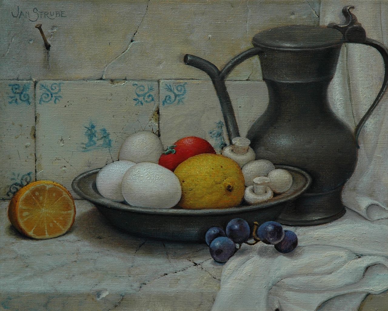 Strube J.H.  | Johan Hendrik 'Jan' Strube, A still life with fruit and a pewter jug, oil on canvas 24.2 x 30.4 cm, signed u.r.