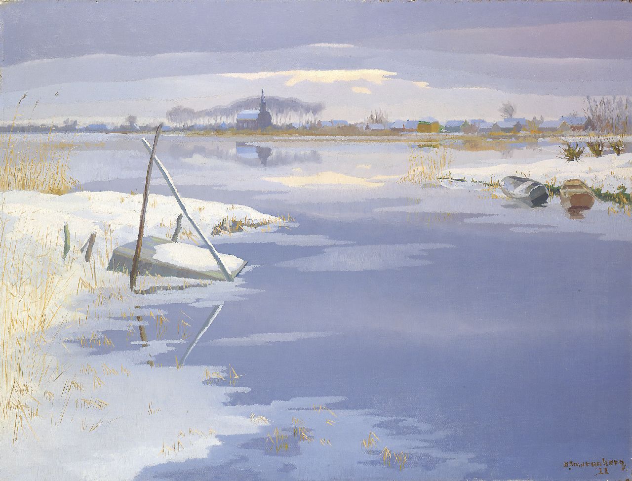 Smorenberg D.  | Dirk Smorenberg, Winterlandscape with frozen river, oil on canvas 73.0 x 95.2 cm, signed l.r. and painted '22